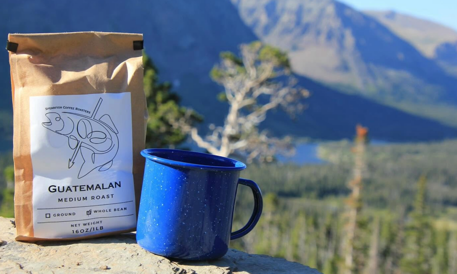 Spearfish Coffee Roasters Guatemalan Medium Roast Whole Bean Coffee Next to Enamel Mug with Scenic Mountain Background