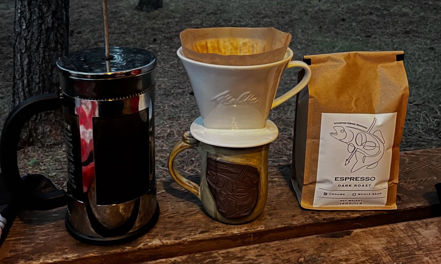 Spearfish Coffee Roasters Espresso Dark Roast Pour Over at Campsite
